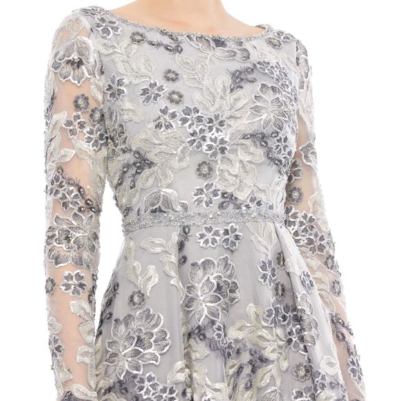 MAC DUGGAL 11185 FLORAL EMBELLISHED ILLUSIONS SLEEVE A-LINE PLATINUM GOWN sz 10 - Picture 2 of 3